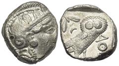 Greek Attika. Athen. Tetradrachme (Silber). Ca. 286 - 267 v. Chr. Vs: Kopf der Athena mit Profilauge mit ölzweiggeschmücktem attischem Helm, Ohranhänger und Halskette rechts. Rs: Eule nach rechts steh