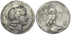 Greek Attika. Athen. Tetradrachme des 'Neuen Stils' (Silber). 142 / 141 v. Chr. Vs: Kopf der Athena mit attischem Helm rechts. Rs: Eule auf liegender Amphora nach rechts stehend, den Kopf en face; im 