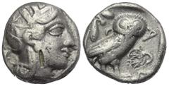 Greek Attika. Athen. Gegengestempelte Prägungen. Tetradrachme (Silber). Ca. 454 - 404 v. Chr. Vs: Kopf der Athena mit ölzweiggeschmücktem attischem Helm, Ohranhänger und Halskette rechts. Rs: Eule nac