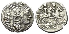 Roman Republican L. Sempronius Pitio (148 v. Chr.). Denar (Silber). 148 v. Chr. Rom. Vs: PITIO. Kopf der Roma mit geflügeltem Helm rechts, davor Wertzeichen. Rs: L SEMP / ROMA. Die Dioscuren mit einge