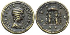 Roman Imperial Coinage Iulia Domna (gest. 217 n. Chr.). Sesterz (Bronze). 211 - 217 n. Chr. Rom. Vs: IVLIA PIA FELIX AVG. Drapierte Büste mit Diadem rechts. Rs: VESTA. Im Abschnitt: S - C. Vier Vestal