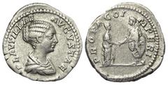 Roman Imperial Coinage Plautilla (gest. 211 n. Chr.). Denar (Silber). 202 n. Chr. Rom. Vs: PLAVTILLAE AVGVSTAE. Drapierte Büste rechts. Rs: PROPAGO IMPERI. Plautilla und Caracalla stehen einander gege