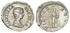 Roman Imperial Coinage Plautilla (gest. 211 n. Chr.). Denar (Silber). 203 n. Chr. Rom. Vs: PLAVTILLA AVGVSTA. Drapierte Büste rechts. Rs: PIETAS AVGG. Pietas mit Szepter und Kind auf der Linken nach r