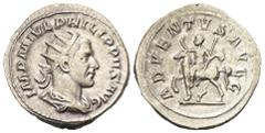 Roman Imperial Coinage Philippus I. Arabs (244 - 249 n. Chr.). Antoninian (Silber). 245 n. Chr. Rom. Vs: IMP M IVL PHILIPPVS AVG. Büste mit Strahlenkrone, Paludament und Panzer rechts. Rs: ADVENTVS AV
