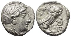 Griechische Münzen Attika. Athen. Tetradrachme (Silber). Ca. 286 - 267 v. Chr. Vs: Kopf der Athena mit Profilauge mit ölzweiggeschmücktem attischem Helm, Ohranhänger und Halskette rechts. Rs: Eule nac
