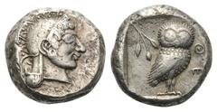 ATTIKA. Athen. Tetradrachmon. Ca. 500 - 482 v. Chr. Vs: Kopf der Athena mit attischen Helm und Ohranhänger rechts. Rs: AΘE. Eule nach rechts stehend, den Kopf en face, im Feld links oben Ölzweig und M