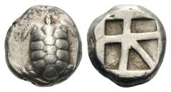 AIGINA. Aigina. Stater. Ca. 445 - 430 v. Chr. Vs: Landschildkröte. Rs: Fünfgeteiltes Quadratum incusum. HGC 6, 437. SNG Copenhagen 516. Bosten 1113. Fast vorzüglich. 12,42 g 18 mm