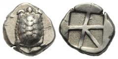 AIGINA. Aigina. Stater. Ca. 445 - 430 v. Chr. Vs: Landschildkröte. Rs: Fünfgeteiltes Quadratum incusum. HGC 6, 437. SNG Copenhagen 516. Bosten 1113. Fast vorzüglich. 12,31 g 20 mm