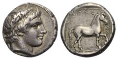 KÖNIGREICH MAKEDONIEN. Archelaos (413 - 399 v. Chr.). Stater. Aigai. Vs: Kopf des Apollon mit Diadem rechts. Rs: ΑΧΡΕΛΑΟ. Pferde mit hängenden Zügeln nach rechts schreitend; das Ganze in Linienquadrat