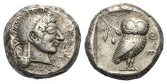 ATTIKA. Athen. Tetradrachmon. Ca. 500 - 482 v. Chr. Vs: Kopf der Athena mit attischen Helm und Ohranhänger rechts. Rs: AΘE. Eule nach rechts stehend, den Kopf en face, im Feld links oben Ölzweig und M