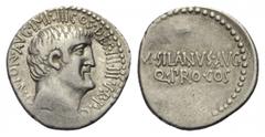 MARCUS ANTONIUS. Denar. 32 v. Chr. Athen. Vs: ANTON AVG IMP III COS DES III III V R P C. Kopf des Marcus Antonius rechts; hinter dem Ohr Künstlersignatur P. Rs: M SILANVS AVG / Q PRO COS in zwei Zeile