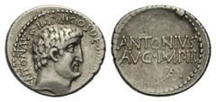 MARCUS ANTONIUS. Denar. 32 v. Chr. Athen. Vs: ANTON AVG IMP III COS DES III III V [R R P C]. Kopf des Marcus Antonius rechts, hinter dem Ohr P. Rs: ANTONIVS / AVG IMP III in zwei Zeilen. Cr. 542/2. Sy