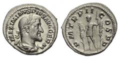MAXIMINUS I. THRAX (235 - 238 n. Chr.). Denar. 236 n. Chr. Rom. Vs: MAXIMINVS PIVS AVG GERM. Büste mit Lorbeerkranz, Paludament und Panzer rechts. Rs: P M TR II - COS P P. Maximinus mit erhobener Rech