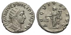 PHILIPPUS I. ARABS (244 - 249 n. Chr.). Antoninian. 247 n. Chr. Antiochia. Vs: IMP M IVL PHILIPPVS AVG. Büste mit Strahlenkrone, Paludament und Panzer rechts. Rs: AEQVITAS AVG. Aequitas mit Waage und 