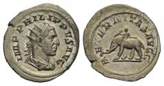 PHILIPPUS I. ARABS (244 - 249 n. Chr.). Antoninian. 248 n. Chr. Rom. Vs: IMP PHILIPPVS AVG. Büste mit Strahlenkrone, Paludament und Panzer rechts. Rs: A - ETERNITAS AVGG. Elefant mit Treiber, der lang