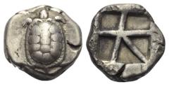 AIGINA. Aigina. Stater. Ca. 445 - 430 v. Chr. Vs: Landschildkröte. Rs: Quadratum incusum, durch Balken in fünf Felder unterteilt. HGC 6, 437. Milbank Taf. 2, 13. Dewing 1683. Sehr schön. 12,12 g 20 mm