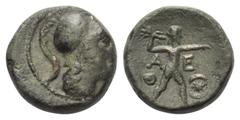Attika. Athen. Bronze. 87 / 86 v. Chr. Vs: Kopf der Athena mit korinthischem Helm rechts. Rs: Zeus mit erhobenem Blitzbündel nach rechts stehend; rechts im Feld Stern zwischen zwei Sicheln. 18 mm. 8,6