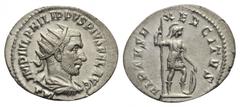 Philippus I. Arabs (244 - 249 n. Chr.). Antoninian. 244 - 245 n. Chr. Antiochia. Vs: IMP IVL PHILIPPVS PIVS FEL AVG. Büste mit Strahlenkrone, Paludament und Panzer rechts, darunter P M. Rs: VIRTVS EXE