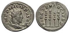 Philippus I. Arabs (244 - 249 n. Chr.). Antoninian. 248 - 249 n. Chr. Rom. Vs: IMP PHILIPPVS AVG. Büste mit Strahlenkrone, Paludament und Panzer rechts. Rs: FIDES EXERCITVS. Vier Feldzeichen nebeneina