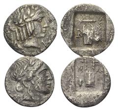Lots. Lykien - Lykischer Bund. Kragos / Masikytos. Lot (2 Stück): 2 Hemidrachmen. 1. Jhdt. v. Chr. Vs: Kopf des Apollon mit Lorbeerkranz rechts. Rs: Kithara in vertieftem Quadrat; rechts im Feld Palmz