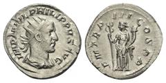 Philippus I. Arabs (244 - 249 n. Chr.). Antoninian. 246 n. Chr. Rom. Vs: IMP M IVL PHILIPPVS AVG. Büste mit Strahlenkrone, Paludament und Panzer rechts. Rs: P M TR P III COS P P. Felicitas mit Caduceu