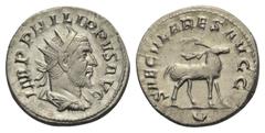 Philippus I. Arabs (244 - 249 n. Chr.). Antoninian. 248 n. Chr. Rom. Vs: IMP PHILIPPVS AVG. Büste mit Strahlenkrone, Paludament und Panzer rechts. Rs: SAECVLARES AVGG. Hirsch nach rechts schreitend; i
