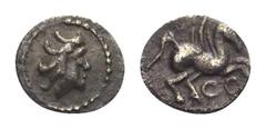 Spanien. Emporion. Tetartemorion. Nach 241 v. Chr. Vs: Kopf rechts. Rs: Pegasos nach rechts fliegend; darunter zwei Ringe. 7 mm. 0,13 g. Burgos 1197; CNH S. 60, 164. Selten. Sehr schön.