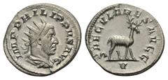 Philippus I. Arabs (244 - 249 n. Chr.). Antoninian. 248 n. Chr. Rom. Vs: IMP PHILIPPVS AVG. Büste mit Strahlenkrone, Paludament und Panzer rechts. Rs: SAECVLARES AVGG / V. Hirsch nach rechts laufend. 