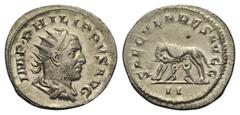 Philippus I. Arabs (244 - 249 n. Chr.). Antoninian. 248 n. Chr. Rom. Vs: IMP PHILIPPVS AVG. Büste mit Strahlenkrone, Paludament und Panzer rechts Rs: SAECVLARES AVGG / II. Die römische Wölfin nach lin