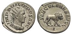 Philippus I. Arabs (244 - 249 n. Chr.). Antoninian. 248 n. Chr. Rom. Vs: IMP PHILIPPVS AVG. Büste mit Strahlenkrone, Paludament und Panzer rechts. Rs: SAECVLARES AVGG / I. Löwe nach rechts laufend. 23