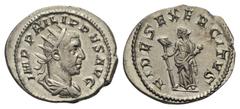 Philippus I. Arabs (244 - 249 n. Chr.). Antoninian. 248 - 249 n. Chr. Rom. Vs: IMP PHILIPPVS AVG. Büste mit Strahlenkrone, Paludament und Panzer rechts. Rs: FIDES EXERCITVS. Fides mit Vexillum und Sta
