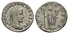 Philippus I. Arabs (244 - 249 n. Chr.). Antoninian. 249 n. Chr. Antiochia. Vs: IMP M IVL PHILIPPVS AVG. Büste mit Strahlenkrone, Paludament und Panzer rechts. Rs: P M TR P VI COS P P. Felicitas mit Ca
