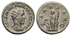 Philippus I. Arabs (244 - 249 n. Chr.). Antoninian. 244 - 245 n. Chr. Rom. Vs: IMP M IVL PHILIPPVS AVG. Büste mit Strahlenkrone, Paludament und Panzer rechts. Rs: SALVS AVG. Salus mit Ruder nach links
