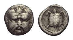 Greek Lesbos. Methymna. Hemiobol. Ca. 450 - 406 v. Chr. Vs: Kopf des Silenos en face. Rs: Landschildkröte in rundem Incusum. 8 mm. 0,33 g. HGC 6, 901. Sehr selten. Sehr schön / fast sehr schön.