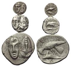 Greek Griechische Münzen - Lots. Moesia Inferior. Istros. Lot (3 Stück): 1 Hemiobol, 1 Diobol, 1 Drachme. 4. - 2. Jhdt. v. Chr. Vs: Zwei jugendliche, männliche Köpfe nebeneinander en face, der Rechte 