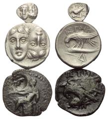 Greek Griechische Münzen - Lots. Moesia Inferior. Istros. Lot (3 Stück): 1 Hemiobol, 1 Drachme, 1 Bronze. 4. - 2. Jhdt. v. Chr. Vs: Zwei jugendliche, männliche Köpfe nebeneinander en face, der Rechte 