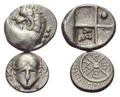 Greek Griechische Münzen - Lots. Thrakien. Thrakischer Chersones / Mesembria. Lot (2 Stück): 1 Hemidrachmen, 1 Diobol, 4. Jhdt. v. Chr.. Vs: Löwenvorderteil nach rechts, Kopf nach links gewendet / Kor