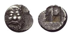 Greek Lesbos. Methymna. Hemiobol. Ca. 500 - 480 v. Chr. Vs: Kopf eines Silenen en face. Rs: Viergeteiltes Quadratum incusum. 6 mm. 0,25 g. Vgl. CNG, Electronic Auction 288 (2012), Nr. 210. Selten. Fas