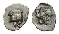 Greek Mysien. Kyzikos. Hemiobol. Ca. 450 - 400 v. Chr. Vs: Vorderteil eines Ebers links, retrogrades K auf dem Körper, dahinter Thunfisch nach oben. Rs: Löwenkopf links, links Pantherkopf en face; all