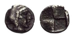 Greek Mysien. Kyzikos (?). Hemiobol. Ca. 525 - 475 v. Chr. Vs: Kopf des Attis mit phrygischer Kappe rechts. Rs: Viergeteiltes Quadratum incusum. 6 mm. 0,31 g. Vgl. CNG, E-Auction 213 (2009), Nr. 151; 