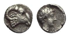 Greek Karien. Halikarnassos (?). Hemiobol. Ca. 400 - 340 v. Chr. Vs: Widderkopf rechts. Rs: Jugendlicher männlicher Kopf rechts; im Feld rechts A, links karische Buchstaben. 7 mm. 0,33 g. SNG Kayhan 9