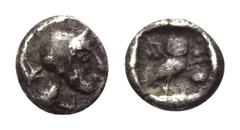 Greek Philistia. Unbestimmte Münzstätte. Hemiobol. 5. - 4. Jhdt. v. Chr. Vs: Kopf der Athena mit attischem Helm rechts. Rs: Eule nach rechts stehend, Kopf en face. 6 mm. 0,29 g. HGC 10, 613. Selten. S