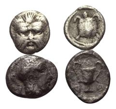 Greek Griechische Münzen - Lots. Lesbos. Methymna. Lot (2 Stück): 1 Hemiobol, 1 Obol, 5. Jhdt. v. Chr. Vs: Kopf des Silenos en face / Kopf der Athena mit attischem Helm rechts. Rs: Landschildkröte in 