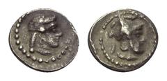 Greek Satrapen und Dynasten von Kilikien. Tarkumuwa (ca. 378 - 372 v. Chr.). Hemiobol. Tarsos. Vs: Weiblicher Kopf mit Diadem rechts (Aphrodite ?). Rs: Männlicher Kopf mit Helm rechts (Ares ?). 8 mm. 