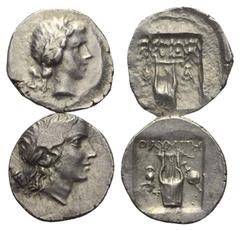 Greek Griechische Münzen - Lots. Lykien - Lykischer Bund. Olympos / Tlos. Lot (2 Stück): 2 Hemidrachmen, 1. Jhdt. v. Chr. Vs: Kopf des Apollon mit Lorbeerkranz rechts. Rs: Kithara in vertieftem Quadra