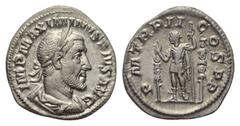 Roman Imperial Maximinus I. Thrax (235 - 238 n. Chr.). Denar. 236 n. Chr. Rom. Vs: IMP MAXIMINVS PIVS AVG. Büste mit Lorbeerkranz, Paludament und Panzer rechts. Rs: P M TR P II COS P P. Maximinus mit 