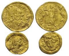 Byzantine Byzantinische Münzen - Lots. Anastasius I. (491 - 518 n. Chr.). Lot (2 Stück): 1 Solidus, 1 Tremissis; Constantinopolis. Vs: Drapierte Büste mit Helm, Panzer und geschulterter Lanze en face 