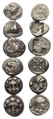 Griechische Münzen - Lots. Mysien / Ionien / Pisidien. Kyzikos / Klazomenai / Milet / Selge. Lot (6 Stück): 2 Diobole, 3 Obole 1 Hemiobol. Vs: Eberprotome neben Thunfisch links / Thunfischkopf links /