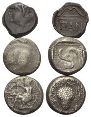 Griechische Münzen - Lots. Taurischer Chersones / Dynasten von Lykien / Kilikien. Pantikapaion / Unbestimmte Dynasten / Soloi. Lot (3 Stück): 1 Bronze, 2 Stater (Silber). Vs: Satyrkopf links / Eberpro