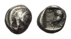 Greek Attika. Athen. Hemiobol. Ca. 500 - 480 v. Chr. Vs: Kopf der Athena mit attischem Helm rechts. Rs: Eule nach rechts stehend, den Kopf en face, im Feld rechts oben Ölzweig und Mondsichel; das Ganz